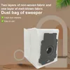A dust bag for a sweeper is shown against a brown and light gray background with some abstract shapes and a palm leaf. Produktbild-Vorschau