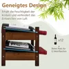 A wooden wine rack with two shelves, holding several wine bottles. Text overlays describe the product's features and capacity. Bamboo leaves are visible in the upper right corner. Podgląd zdjęcia produktu