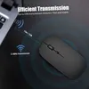 A black wireless mouse on a dark surface, with graphics indicating its transmission range and frequency. Produktbild-Vorschau