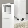 A split image showing a white bathroom cabinet with a roll of toilet paper and a drawer, and a close-up of the cabinet's wheels on a tiled floor. Náhled obrázku produktu