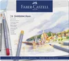 A flat lay of watercolor pencils and brushes on a piece of paper with a drawing of a cityscape. Produktbild-Vorschau
