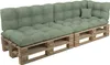A sectional sofa made from wooden pallets with green cushions. Voir les images du produit