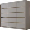 A modern, light gray wardrobe with gold accents and sliding doors, presented against a white background. Produktbild-Vorschau