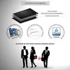 Diagrams and silhouettes illustrating the layers of a wallet, testing procedures, and protection against RFID skimming. Produktbild-Vorschau
