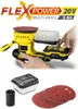 A person is holding a yellow power tool, a battery pack, and a dust collection container. Several sanding discs and a dust collector attachment are also shown. Produktbild-Vorschau