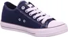 A single navy blue canvas sneaker with white laces and a white sole is shown against a white background. Produktbild-Vorschau