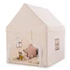 A beige play tent for children, shaped like a house, with stuffed animals inside. Produktbild-Vorschau