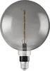 A close-up studio shot of a large, spherical, smoked glass LED light bulb with a visible spiral filament. Produktbild-Vorschau