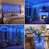 Collage of four images showing blue icicle string lights used for Christmas decoration in various settings: above a bed, around a Christmas tree in a living room, in a living room with a Christmas tree, and on a dining table runner. Produktbild-Vorschau
