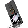 A black flip phone case with a pink strap and gold ring holder is shown at an angle, with a cracked white surface beneath it. Produktbild-Vorschau