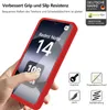 A hand holding a red phone case with a phone inside, showcasing features with icons and text. Produktbild-Vorschau
