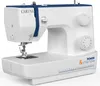 A white and blue sewing machine is shown from a front-diagonal angle against a white background. Produktbild-Vorschau