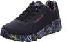 A single black Skechers sneaker with a colorful heart pattern on the sole and lining, shown from a side-angle against a white background. Voir les images du produit