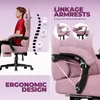A man sitting in a pink gaming chair, with close-ups of the chair's features. Podgląd zdjęcia produktu