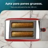 A red and silver toaster with two slices of bread inside, set against a marble-like background. Produktbild-Vorschau