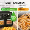 Comparison of calories and fat content between an air fryer and a traditional deep fryer, with images of both appliances and fries. Produktbild-Vorschau