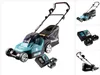 A collage of images showing a Makita cordless lawnmower and its accessories. Produktbild-Vorschau