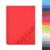 A red fitted sheet is shown folded, with a swatch of many other colors of the same product shown on the right side of the image. Produktbild-Vorschau