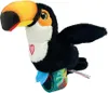 A plush toucan toy with a heart on its chest and a colorful band around its leg. Voir les images du produit