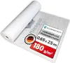 A roll of white protective fleece material is shown partially unrolled on a white surface, with product information labels and a German flag seal. Produktbild-Vorschau