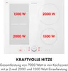 A white induction cooktop with four cooking zones, each displaying its wattage. The text below describes the total power and individual zone power. Podgląd zdjęcia produktu