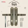 A set of door handles and associated hardware, presented against a light beige background with decorative elements. Produktbild-Vorschau