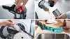 Collage of four images showing different aspects of a vacuum cleaner, including cleaning the dustbin, cleaning the brush head, and rinsing a part under a faucet. Produktbild-Vorschau