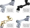 A collage of four different faucet extenders in silver, black, and gold finishes, each with descriptive text labels. Produktbild-Vorschau