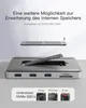 A close-up view of a USB-C hub with an NVMe SSD being inserted, and text overlays explaining its features and compatibility. Produktbild-Vorschau