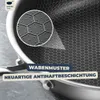 Close-up of a frying pan with a honeycomb pattern and text overlays. Produktbild-Vorschau