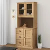 A wooden hutch with glass doors and drawers, standing against a white wall. Voir les images du produit