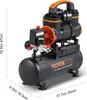 A black and orange VEVOR silent air compressor is shown against a white background with dimensions indicated. Produktbild-Vorschau