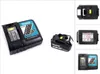 A collage of images showing a Makita battery charger and a Makita battery. Produktbild-Vorschau