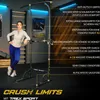 A woman posing next to a power tower in a gym-like setting, with feature callouts. Produktbild-Vorschau