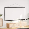 A white projection screen is hung on a white wall above a wooden cabinet with a small plant and a speaker on it. Náhled obrázku produktu