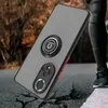 A phone case with a ring holder is shown in a dynamic, cracked-ground setting, with a person's legs and shoes in the background. Produktbild-Vorschau
