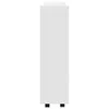A white, narrow storage cart with three shelves is shown from the side against a white background. The cart has small black wheels at the bottom. Voir les images du produit