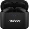 A black Niceboy HIVE Podsie 3 wireless in-ear headphone charging case with the lid open, showing the earbuds inside. Náhľad obrázku produktu