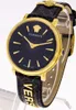 A close-up studio shot of a gold and black Versace women's watch. Produktbild-Vorschau