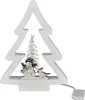 A white wooden Christmas tree decoration with a snowman and a bird inside, illuminated by small LED lights. Produktbild-Vorschau