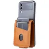 A brown leather wallet case is attached to the back of a dark gray smartphone. The wallet has slots for cards, and two cards are partially visible inside. Produktbild-Vorschau