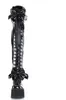 A single black patent leather boot with lace-up detailing and bows, shown from the back. Produktbild-Vorschau