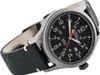 A close-up, angled shot of a Timex Expedition watch with a black dial and a dark gray leather strap, set against a white background. Produktbild-Vorschau