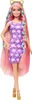 A Barbie doll with long pink and teal hair, wearing a purple dress with a cat print and gold heels. Anteprima dell’immagine prodotto