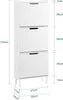 A tall, narrow white shoe cabinet with three flip-down drawers, showing dimensions. Produktbild-Vorschau