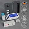 A collection of GOLIATH door intercom system components arranged on a gray surface. Produktbild-Vorschau
