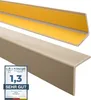 A beige L-shaped corner profile with yellow adhesive strips on the inside, and a certification badge in the lower left corner. Náhled obrázku produktu