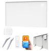 A collection of product images showing a white infrared heater, its remote control, a smartphone app interface, and mounting brackets. Produktbild-Vorschau