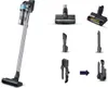 A collage of a cordless vacuum cleaner and its various attachments, against a white background. Produktbild-Vorschau