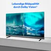 A split image showing a television screen displaying the aurora borealis, with one side appearing more vibrant and detailed than the other, indicating the benefit of Dolby Vision. Produktbild-Vorschau